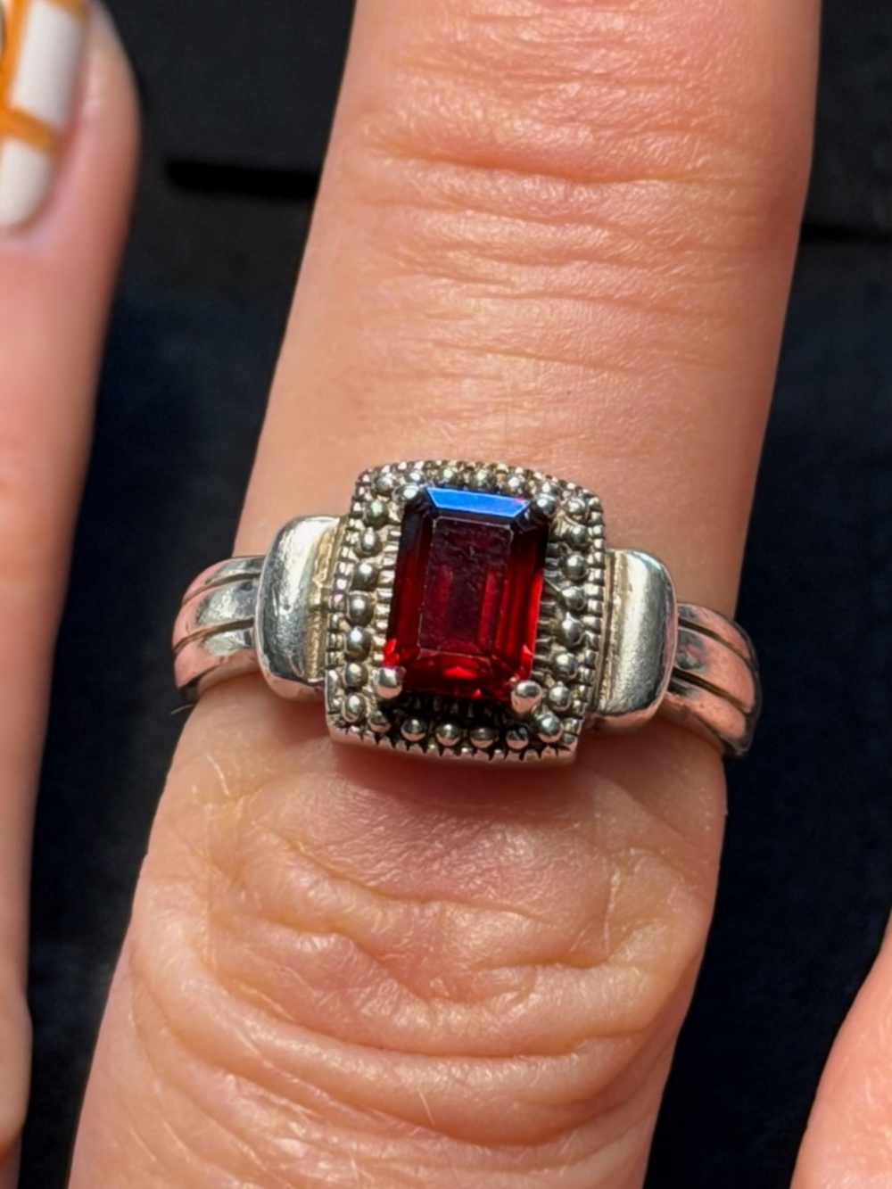 Vintage NF 925 Sterling Silver Art Deco Emerald Cut Red Garnet Ring Size 7.5